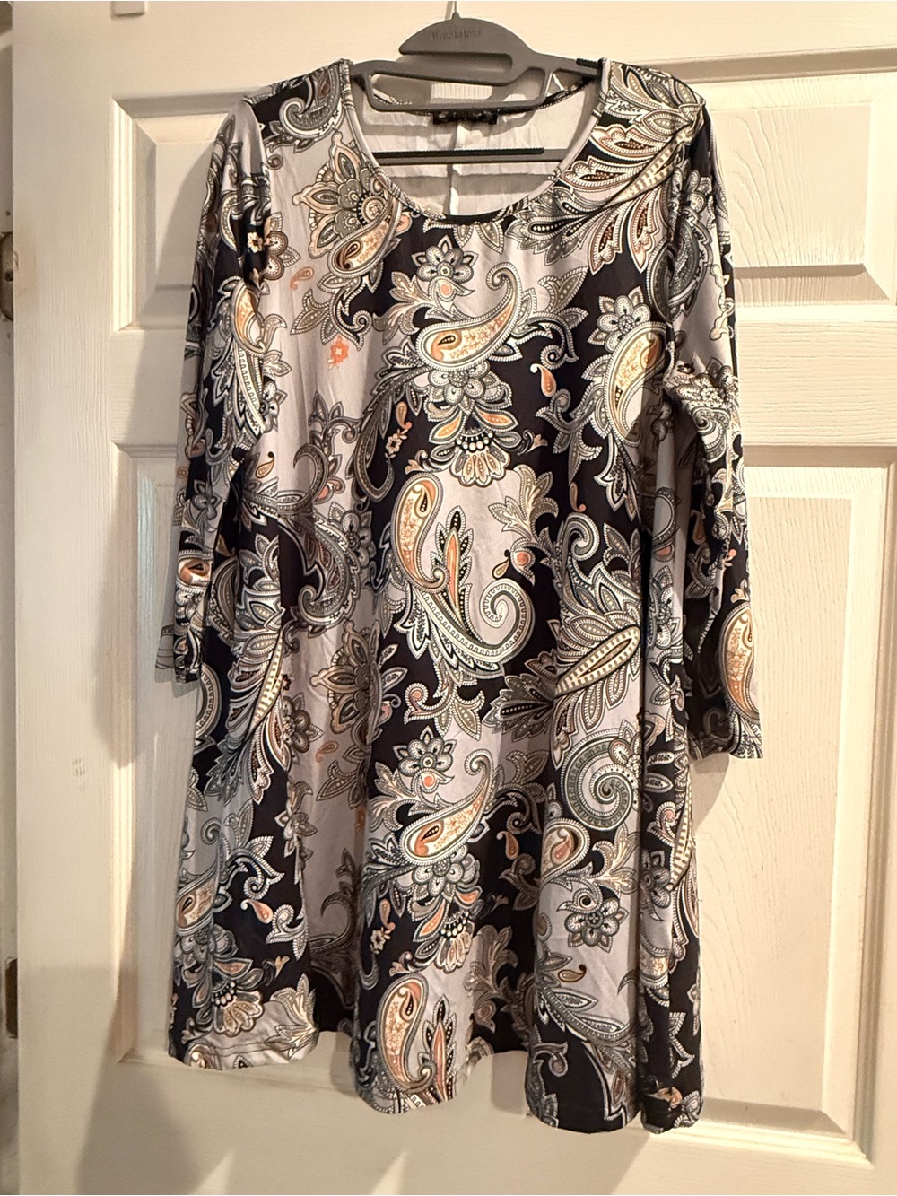 Paisley Print Tunic Top in Black, Gray & Cream